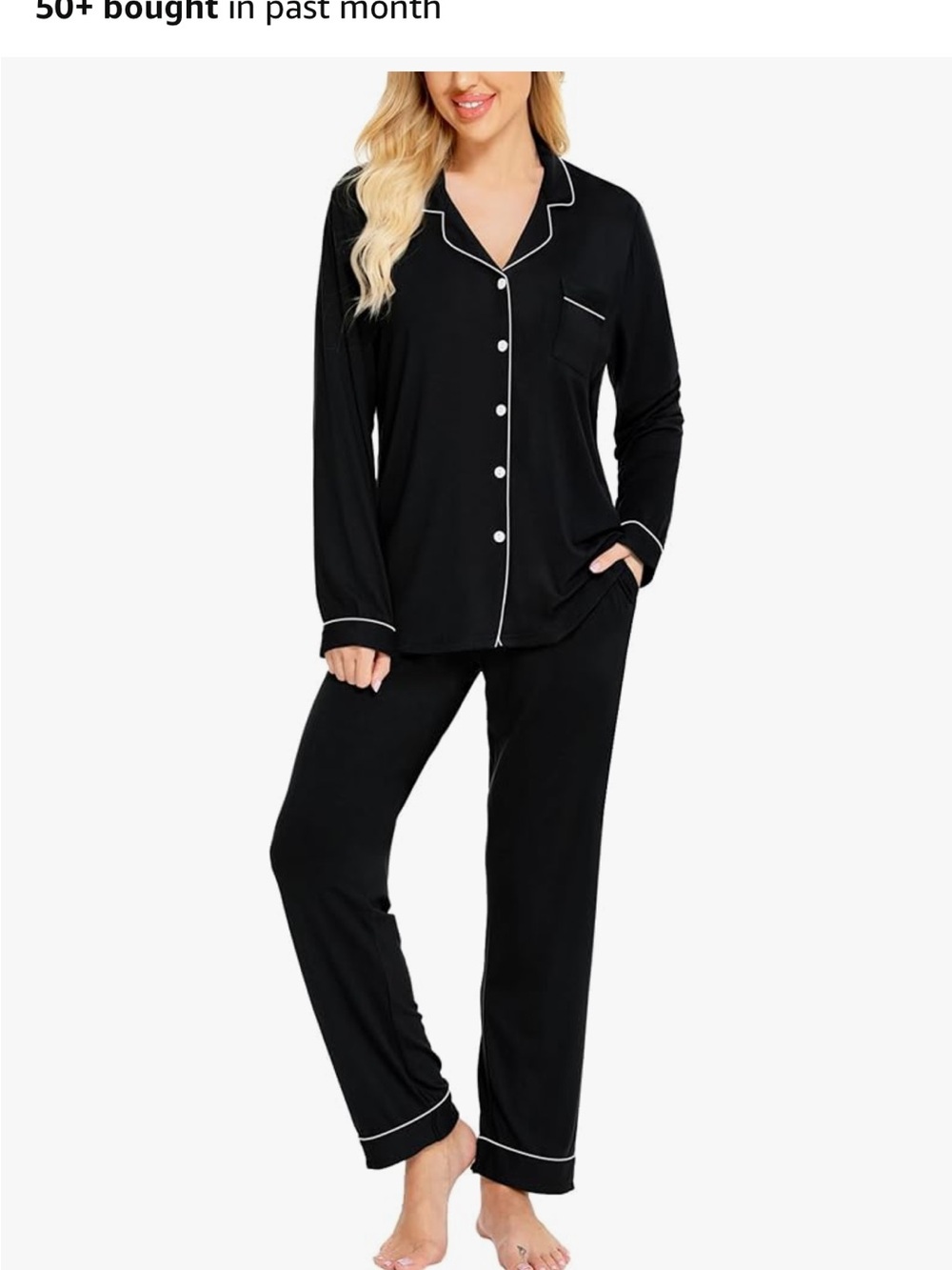 Classic Women's Black Long-Sleeve Pajama Set with Contrast Piping